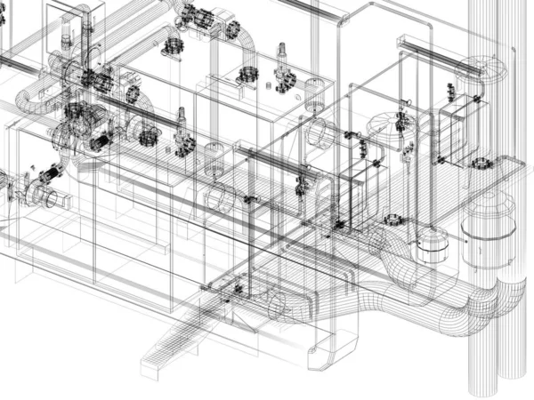 工厂里有管道的工业设备 3D渲染线框 — 图库照片