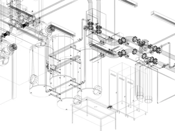 Industriële Apparatuur Met Leidingen Fabriek Het Renderen Van Draad Frame — Stockfoto
