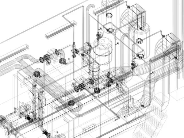 stock image industrial equipment with piping in the factory. 3d rendeing wire frame