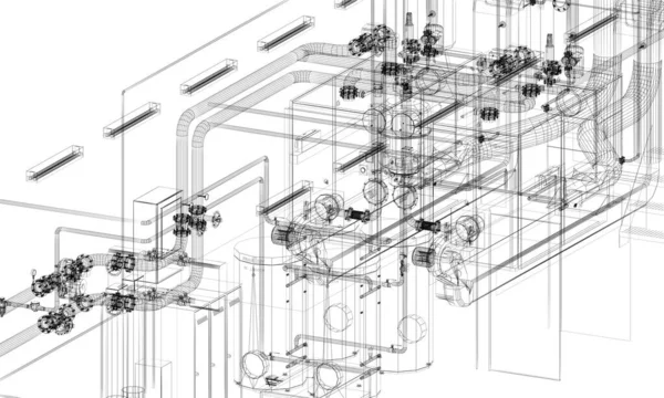 工厂里有管道的工业设备 3D渲染线框 — 图库照片