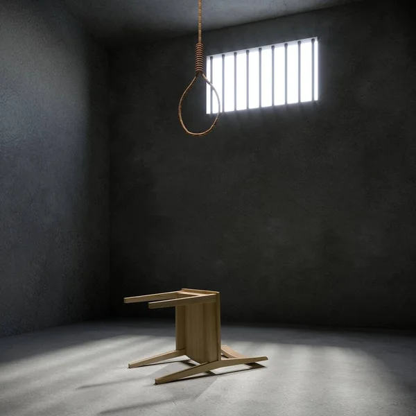 stock image Rope noose and chair in prison cell with light shining through a barred window, 3d rendering of horror concept