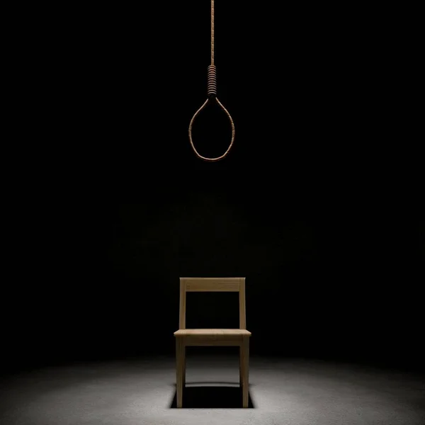 黑暗房间里的绳索和椅子 3D渲染恐怖概念 免版税图库图片