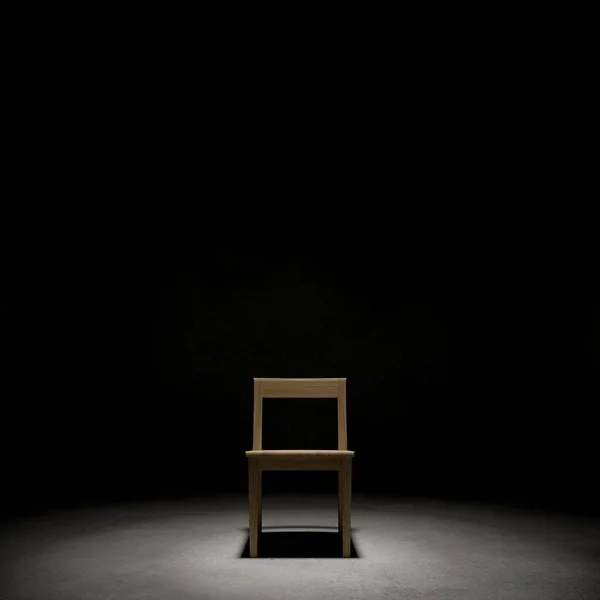 黑暗房间里的木椅 3D渲染恐怖概念 图库图片