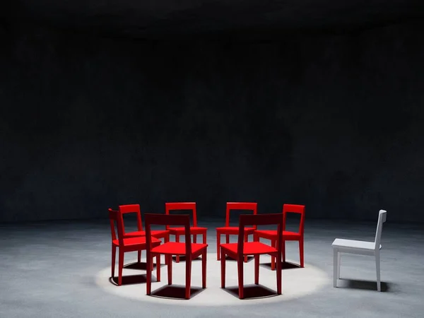 Jedno Białe Krzesło Wyróżniają Się Innych Krzeseł Ciemnym Pomieszczeniu Betonowej — Zdjęcie stockowe