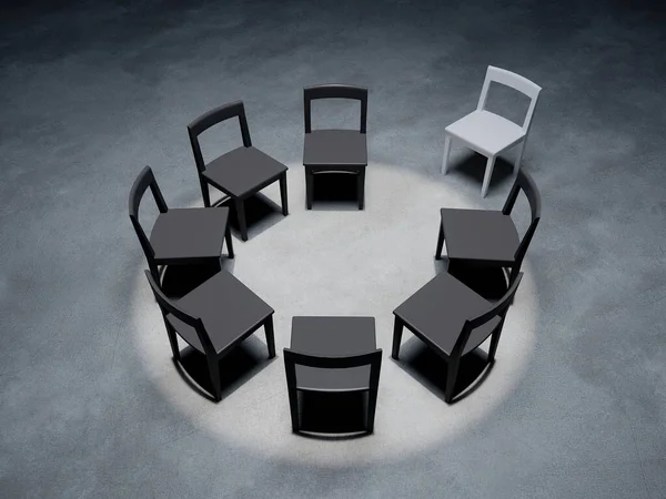 在黑暗房间的混凝土空间里 一把白色椅子与其他黑色椅子不同 3D渲染了不同的概念 — 图库照片