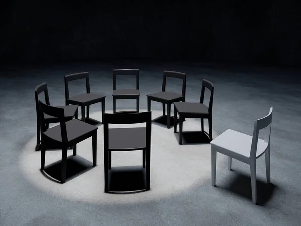 Jeden Biały Fotel Wyróżniają Się Innych Czarnych Krzeseł Ciemnym Pokoju — Zdjęcie stockowe