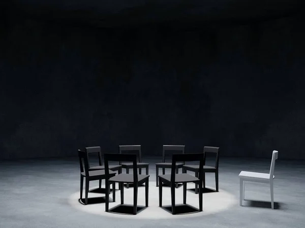 Jeden Biały Fotel Wyróżniają Się Innych Czarnych Krzeseł Ciemnym Pokoju — Zdjęcie stockowe