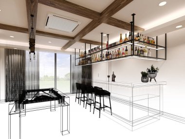  Dinlenme odasında tezgah çubuğu olan bilardo masası, 3 boyutlu kablo çerçevesi