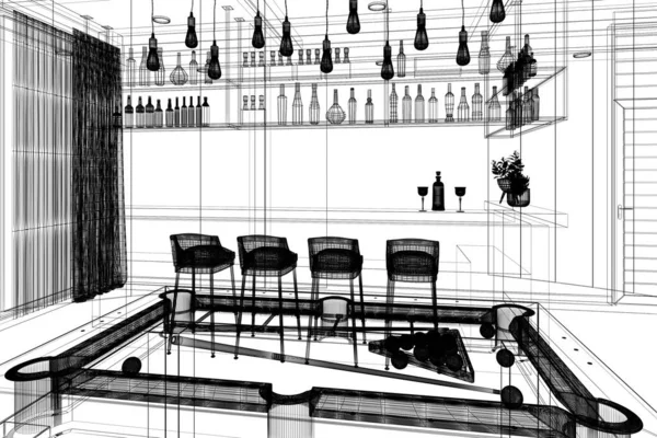 Table Billard Avec Comptoir Bar Dans Salle Détente Cadre Fil — Photo