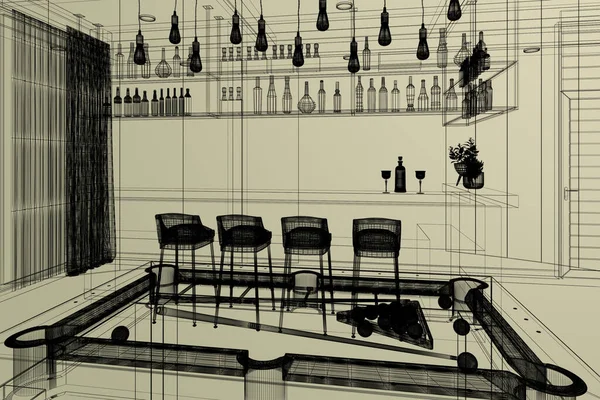 Pooltafel Met Bar Ontspanningsruimte Rendering Wire Frame — Stockfoto