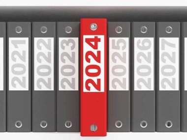 Office folders  on the shelves. New Year 2024 concept. 3d rendering clipart
