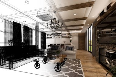 Konforlu oturma odası iç tasarımı, 3D tasarım.