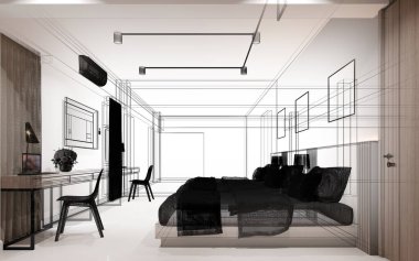  İç yatak odasının eskiz tasarımı, 3 boyutlu kablo çerçevesi