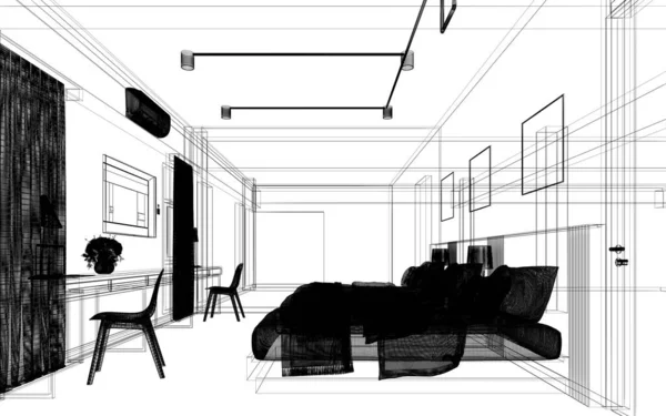 室内ベッドルーム 3Dレンダリングワイヤーフレームのスケッチデザイン — ストック写真