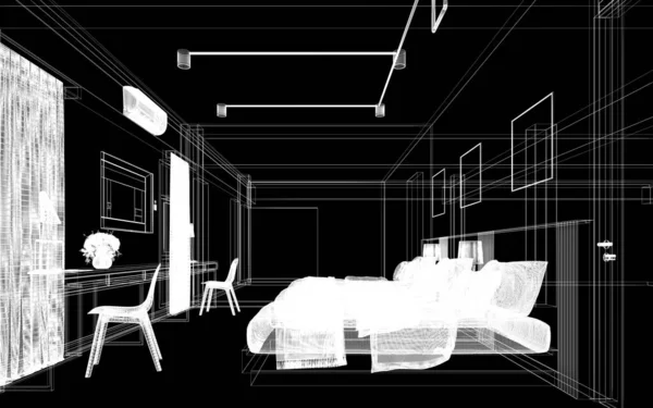 室内设计草图 3D渲染线框 — 图库照片