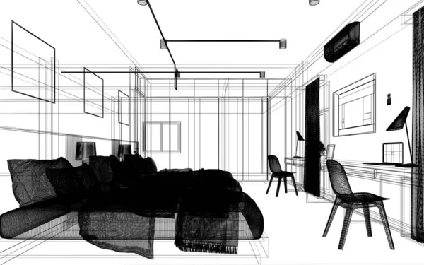 Szkic Projekt Wnętrza Sypialni Renderowania Ramy Drutu — Zdjęcie stockowe