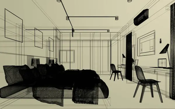 Skizze Entwurf Des Innenraums Schlafzimmer Rendering Drahtrahmen — Stockfoto