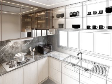 Modern mutfak odası iç tasarımı, 3D tasarım.
