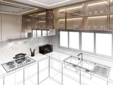 Modern mutfak odası iç tasarımı, 3D tasarım.