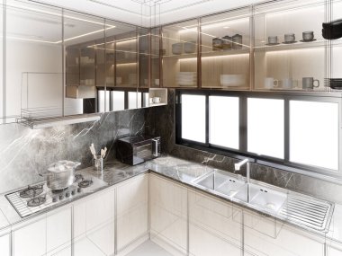 Modern mutfak odası iç tasarımı, 3D tasarım.