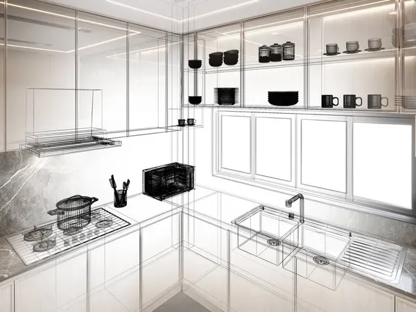 现代厨房室内设计 3D渲染 — 图库照片
