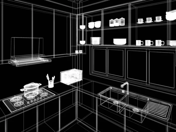 Sala Cozinha Moderna Design Interiores Renderização — Fotografia de Stock