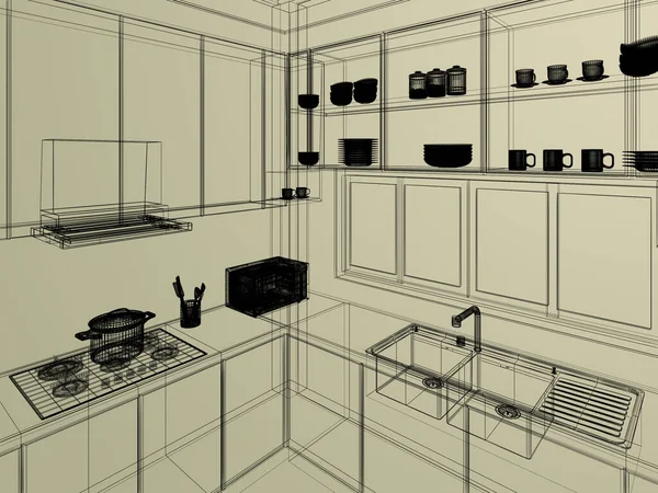 Modern Kitchen Room Interior Design Rendering — Stock Photo, Image