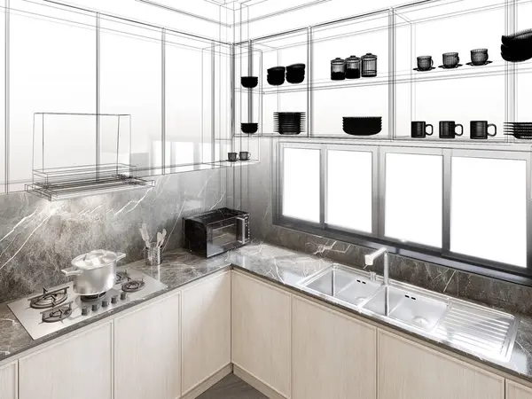 Modern mutfak odası iç tasarımı, 3D tasarım.
