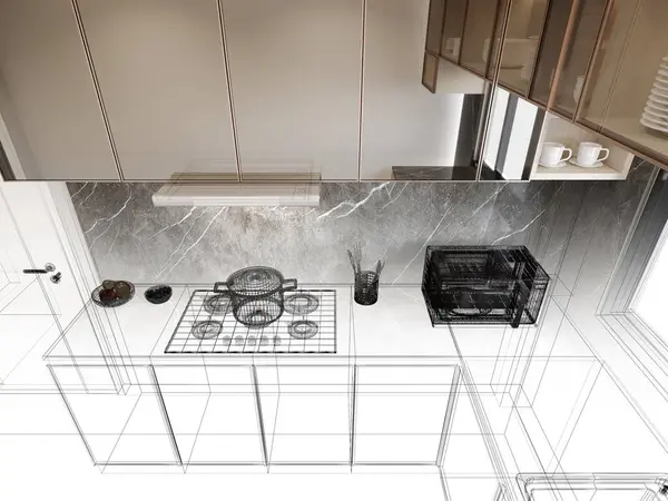 Cocina Moderna Habitación Diseño Interior Renderizado — Foto de Stock