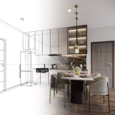 Modern mutfak odası iç tasarımı, 3D tasarım.