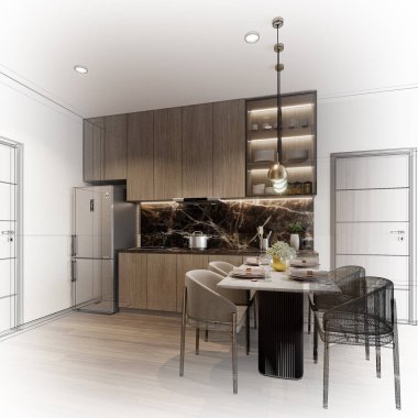 Modern mutfak odası iç tasarımı, 3D tasarım.