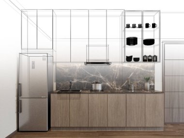 Modern mutfak odası iç tasarımı, 3D tasarım.