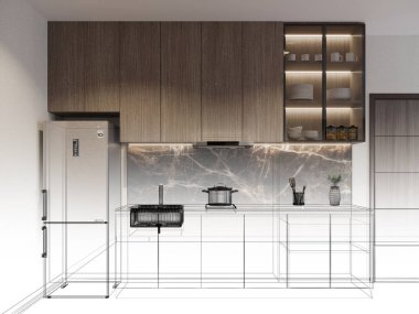 Modern mutfak odası iç tasarımı, 3D tasarım.