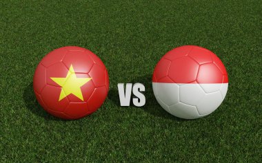 Çimlerin üzerinde bayraklı futbol topları. Vietnam ve Endonezya. 2023 Asya Kupası turnuvası. 3d oluşturma