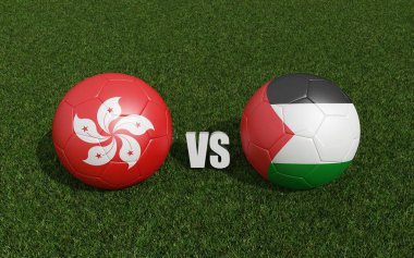 Çimlerin üzerinde bayraklı futbol topları. Filistin 'le Hong Kong. 2023 Asya Kupası turnuvası. 3d oluşturma