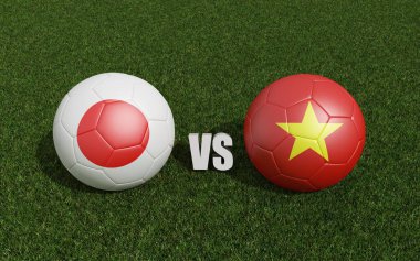 Çimlerin üzerinde bayraklı futbol topları. Vietnam 'lı Japonya. 2023 Asya Kupası turnuvası. 3d oluşturma
