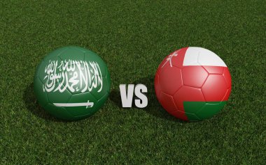 Çimlerin üzerinde bayraklı futbol topları. Umman 'la Suudi Arabistan. 2023 Asya Kupası turnuvası. 3d oluşturma