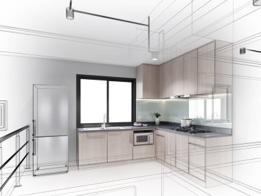 Modern mutfak odası iç tasarımı, 3D tasarım.