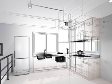 Modern mutfak odası iç tasarımı, 3D tasarım.