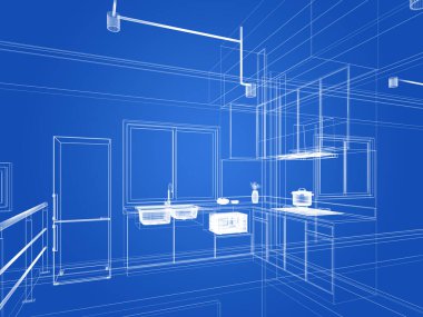 Modern mutfak odası iç tasarımı, 3D tasarım.