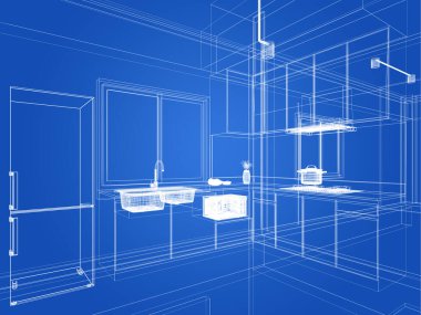 Modern mutfak odası iç tasarımı, 3D tasarım.