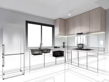 Modern mutfak odası iç tasarımı, 3D tasarım.