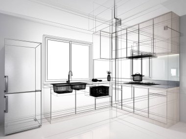 Modern mutfak odası iç tasarımı, 3D tasarım.