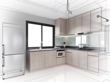 Modern mutfak odası iç tasarımı, 3D tasarım.
