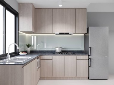 Modern mutfak odası iç tasarımı, 3D tasarım.