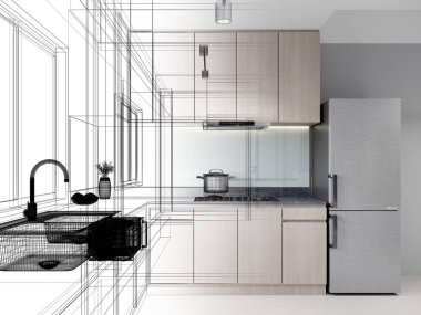 Modern mutfak odası iç tasarımı, 3D tasarım.