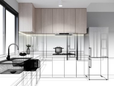 Modern mutfak odası iç tasarımı, 3D tasarım.