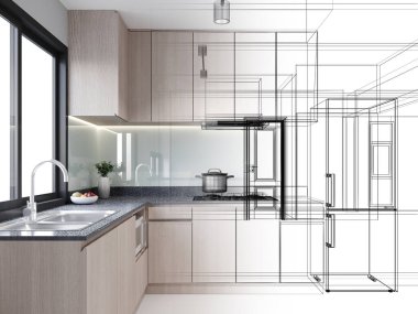 Modern mutfak odası iç tasarımı, 3D tasarım.