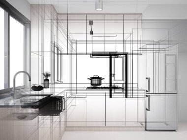 Modern mutfak odası iç tasarımı, 3D tasarım.