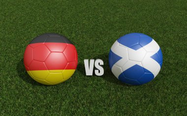 Çimlerin üzerinde bayraklı futbol topları. İskoçya ile Almanya. 2024 Euro Kupa Turnuvası. 3d oluşturma
